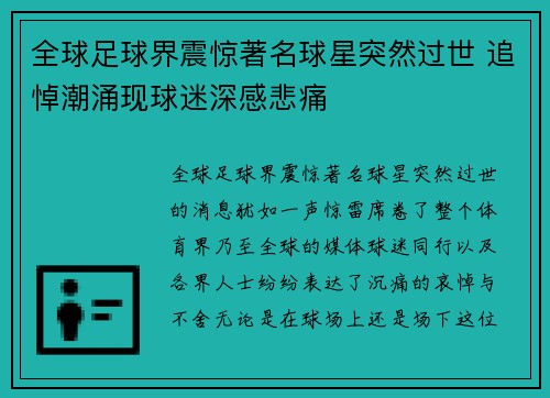 全球足球界震惊著名球星突然过世 追悼潮涌现球迷深感悲痛